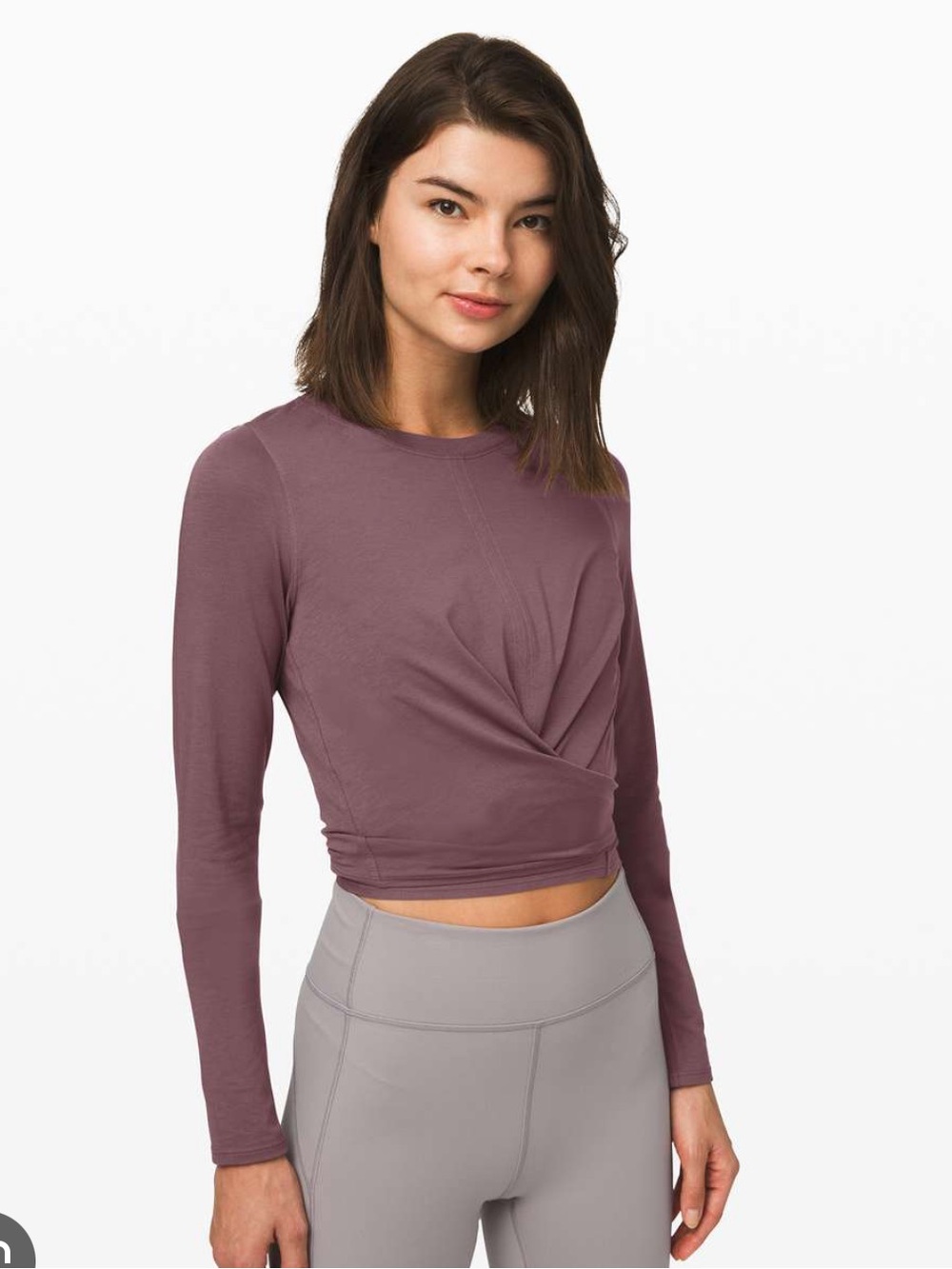 Lululemon time to restore long sleeve antique bark purple wrap crop top shirt